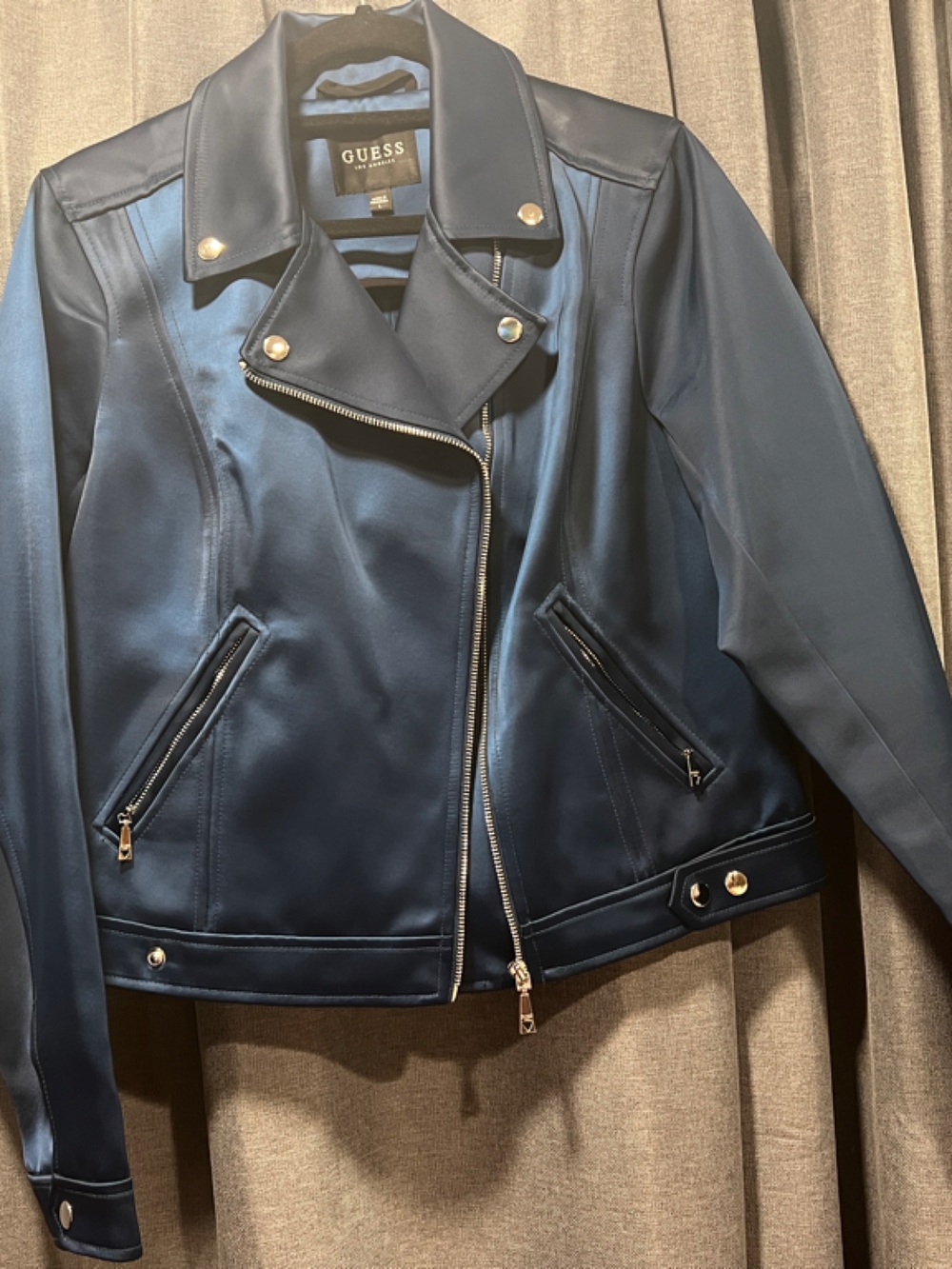 Guess Navy Faux Leather Moto Jacket with Gold Hardware